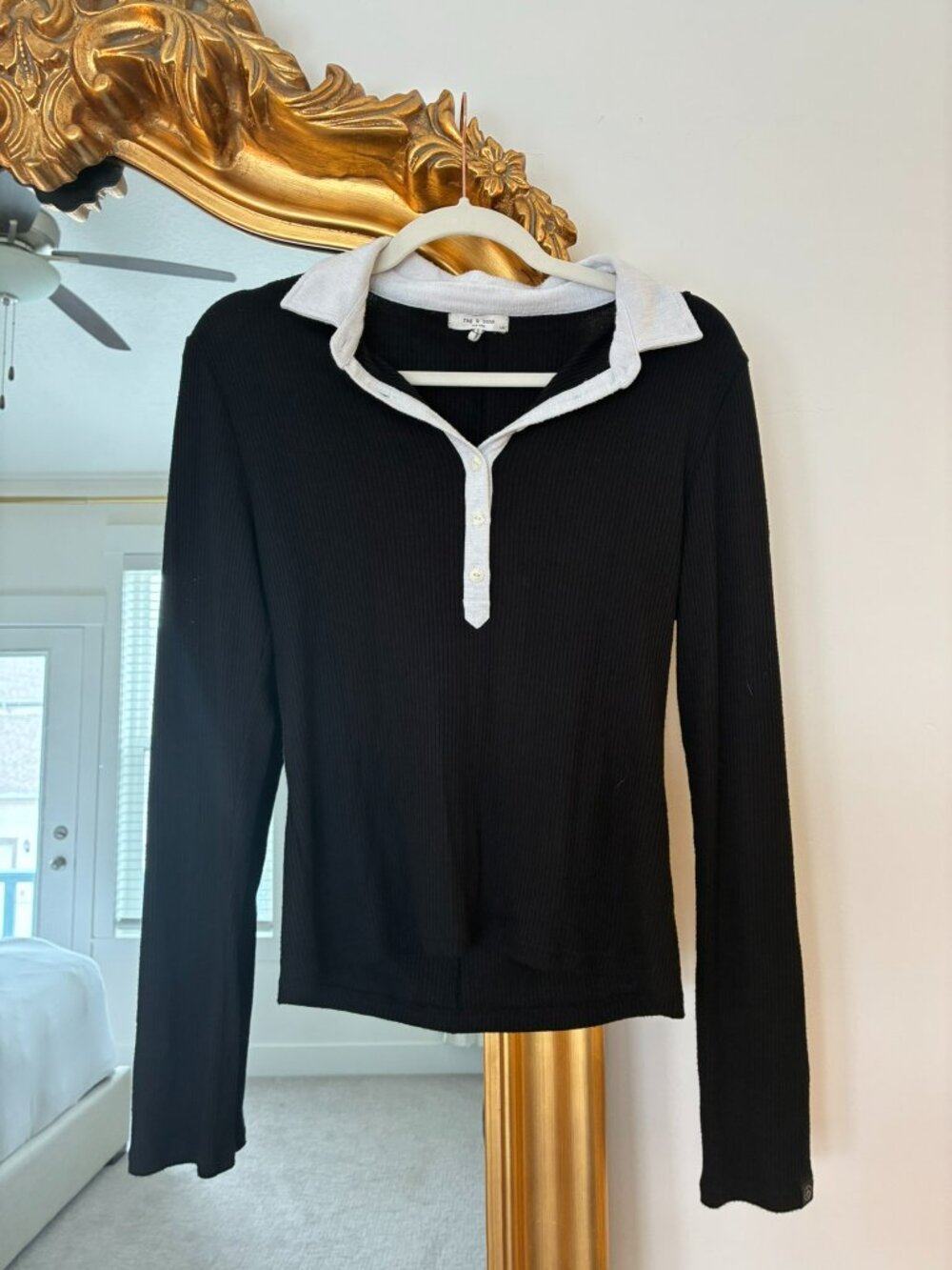Rag & Bone Black Contrast Collar Ribbed Henley Top L